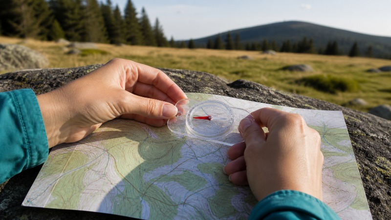Desková buzola položená na turistické mapě, vedle ní ruka ukazující směr pochodu do zalesněné krajiny