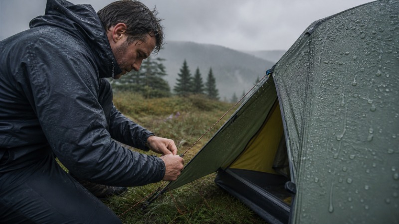 Detail nepromokavé tkaniny stanu se stékajícími kapkami deště