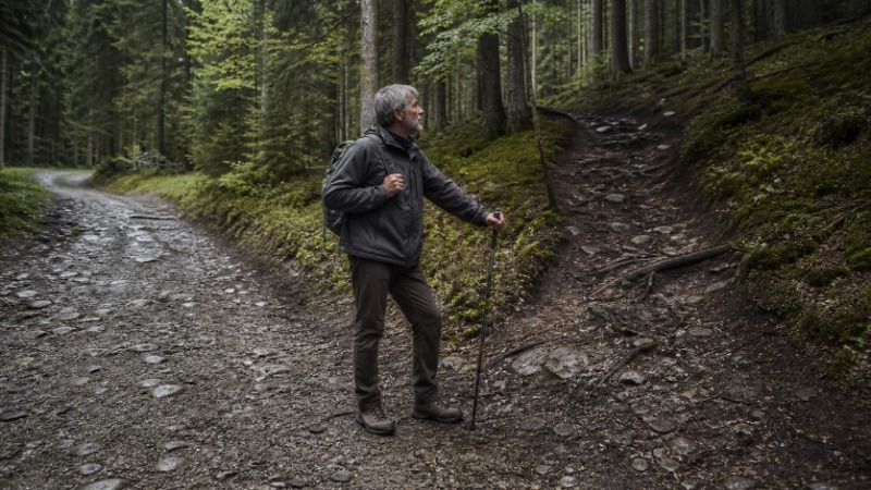 Turista v kamenitém svahu českých hor sleduje mapu, v pozadí hřeben zahalený nízkou oblačností