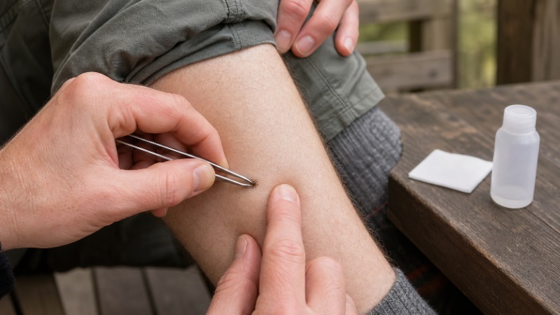 Ruka drží úzkou pinzetu těsně u kůže a odstraňuje přisáté klíště z předloktí
