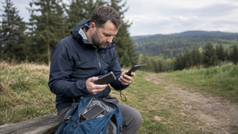 Powerbanka s USB-C kabelem položená na kameni vedle turistického batohu a telefonu