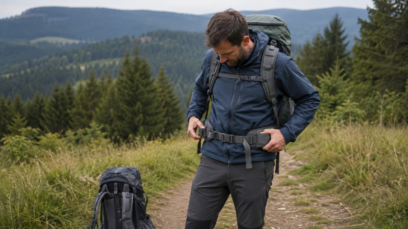 Turistický batoh opřený o kámen na horském hřebeni, vedle něj trekové hole