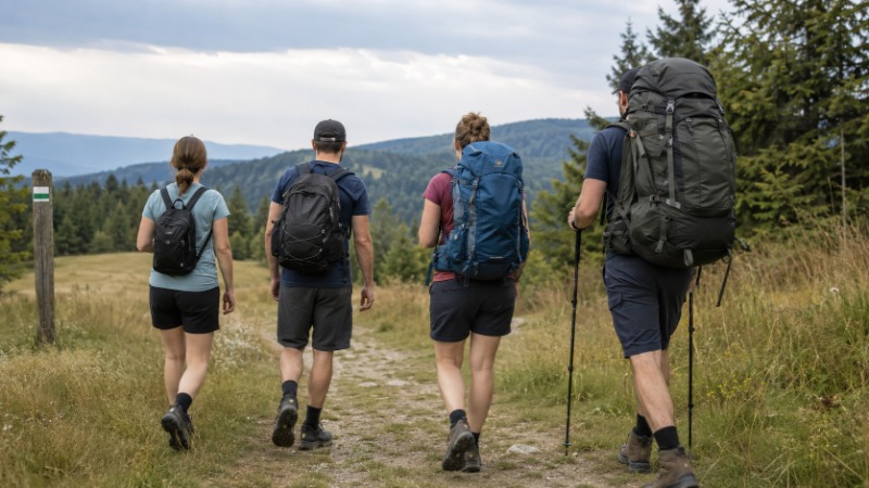 Tři turistické batohy různých velikostí postavené vedle sebe na horské louce