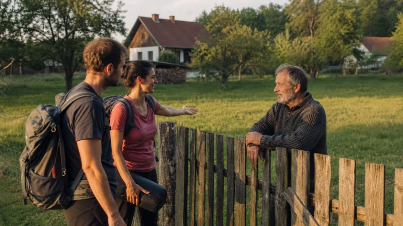 Malý stan postavený na louce na okraji lesa za soumraku, vedle stanu leží batoh a turistické boty