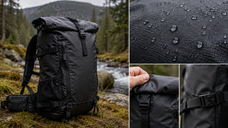 Detail tkaniny turistického batohu se švem a stahovacím roll-top uzávěrem