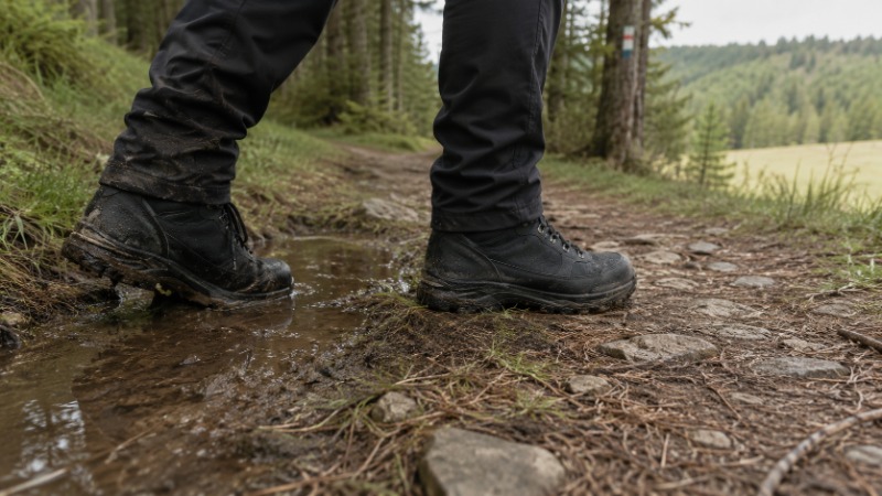 Treková bota s membránou GORE-TEX v mokré trávě, na povrchu boty odpadávají kapky vody