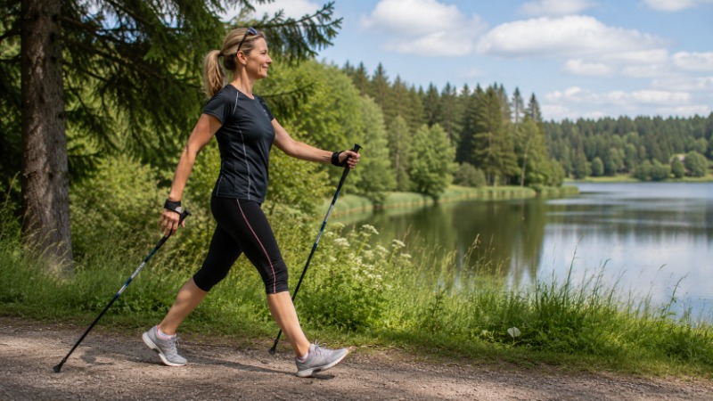 Žena s nordic walking holemi v odrazové fázi kroku na asfaltové stezce v parku