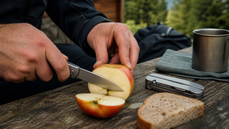 Zavírací kapesní nůž a multitool s vytaženými kleštěmi položené na dřevěném pařezu vedle batohu, v pozadí lesní pěšina