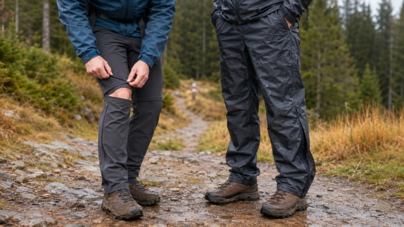 Turista v softshellových kalhotách se zesíleným kolenem sedí na skále během přestávky