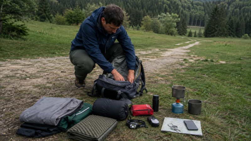 Turistické vybavení rozložené na dřevěné podlaze vedle otevřeného batohu: bunda, spacák, čelovka, mapa a láhev s vodou