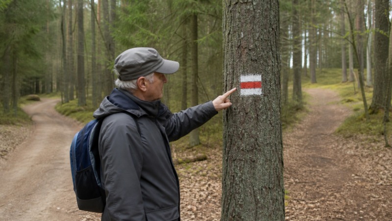 Červená pásová turistická značka KČT namalovaná na kmeni stromu u lesní cesty, v pozadí rozcestník se směrovkami