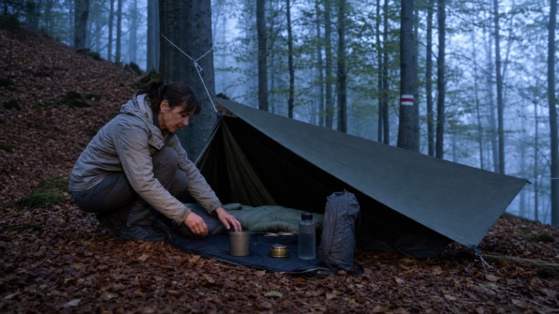 Tarp natažený na trekových holích nad ultralehkým spacím pytlem v lese